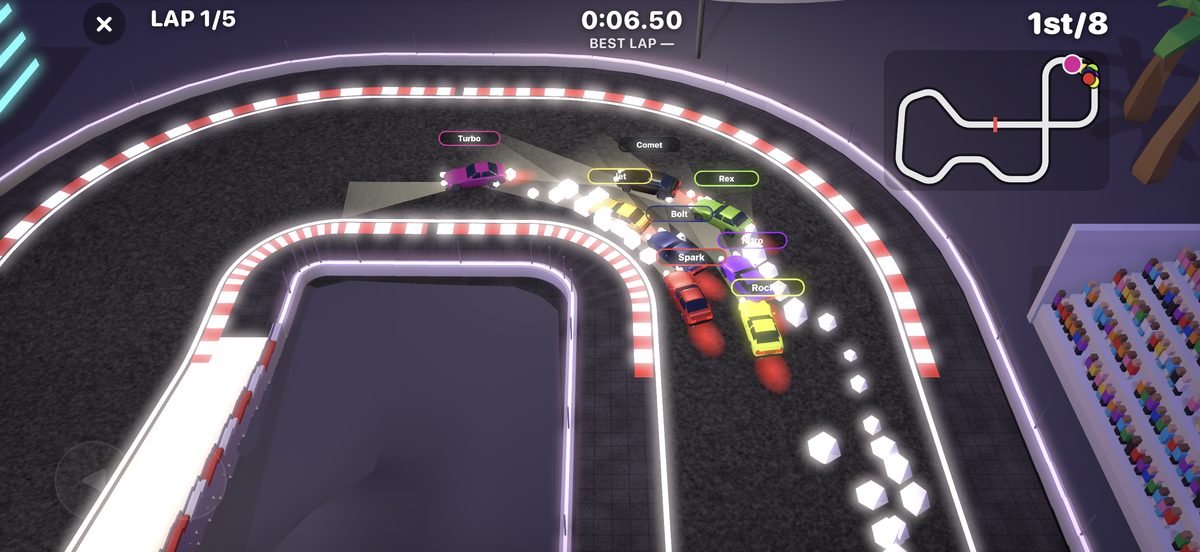 Drift Racer 86 gameplay: cars drifting around a neon night circuit