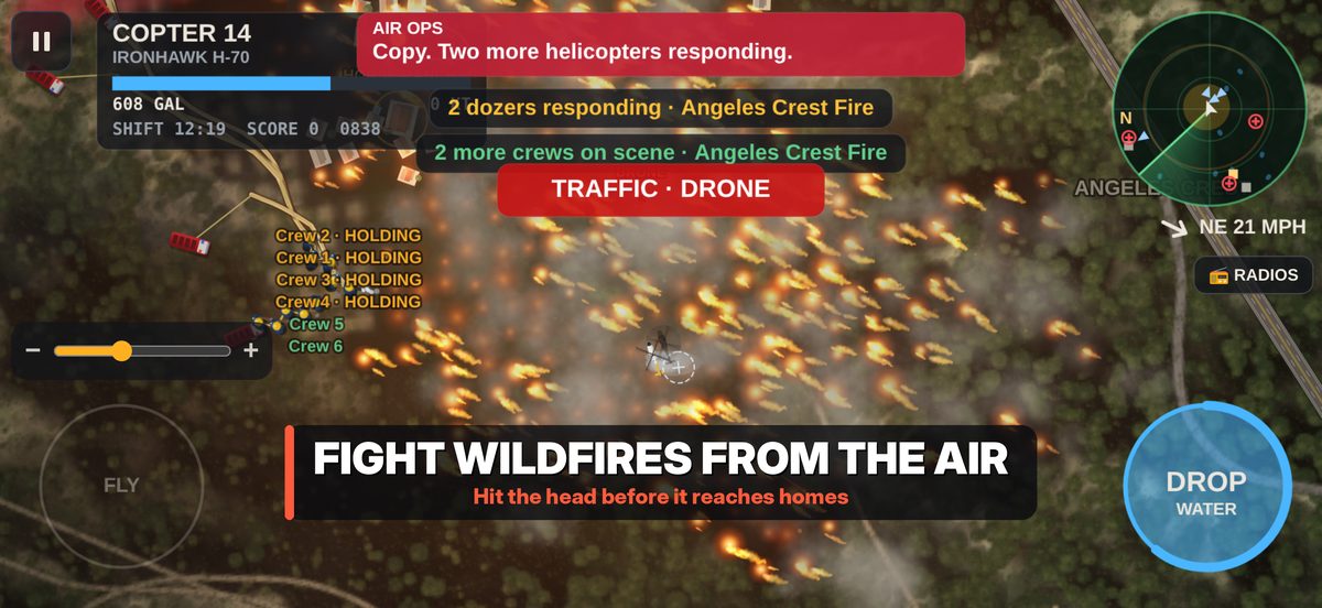 Red Flag gameplay: a helicopter dropping water on a wildfire